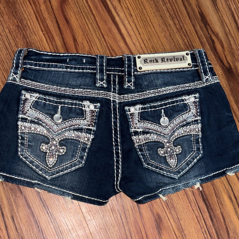 Rock Revival Dark Blue Denim Shorts with Embellished Back Pockets